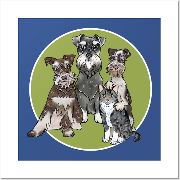 Three Miniature Schnauzers and a Cat Wall Art by FivePugs